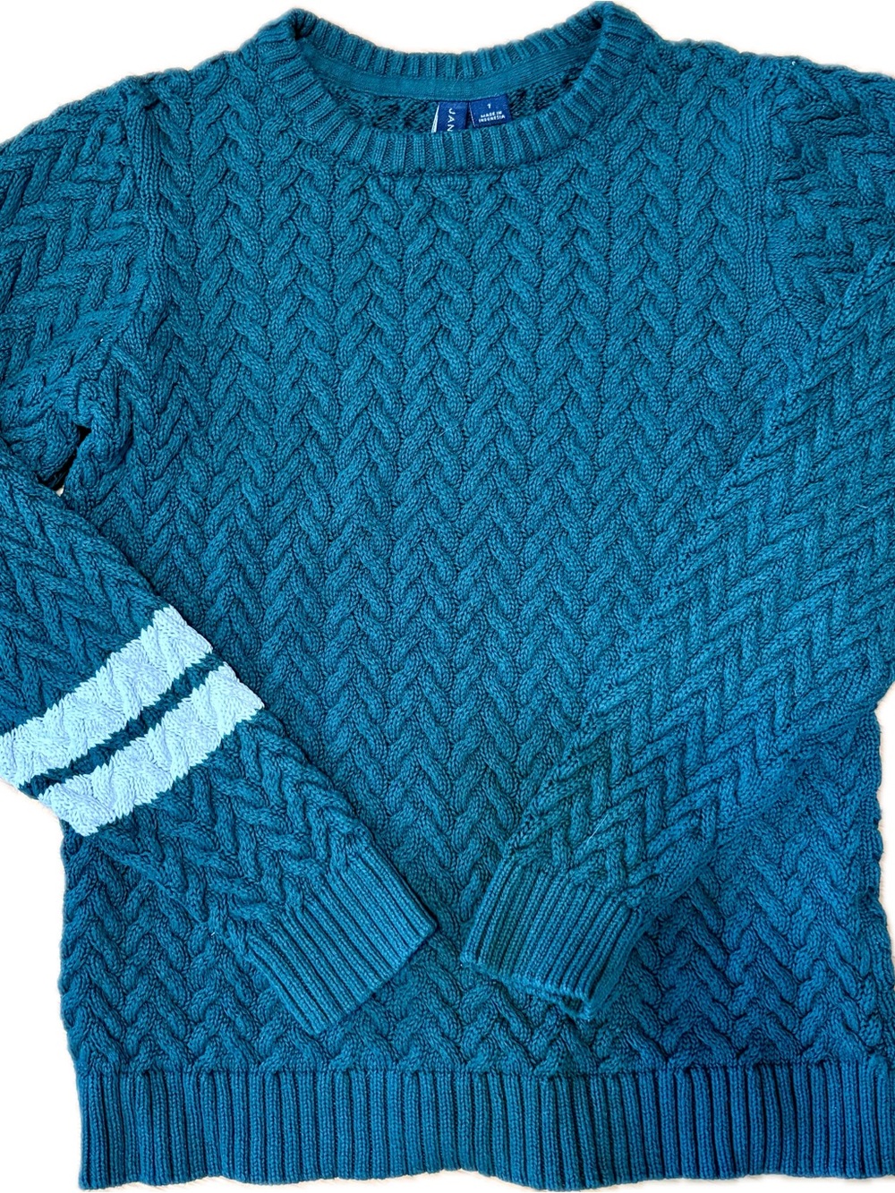 Janie and Jack Teal Cable-Knit Crewneck Sweater with Stripe Detail
